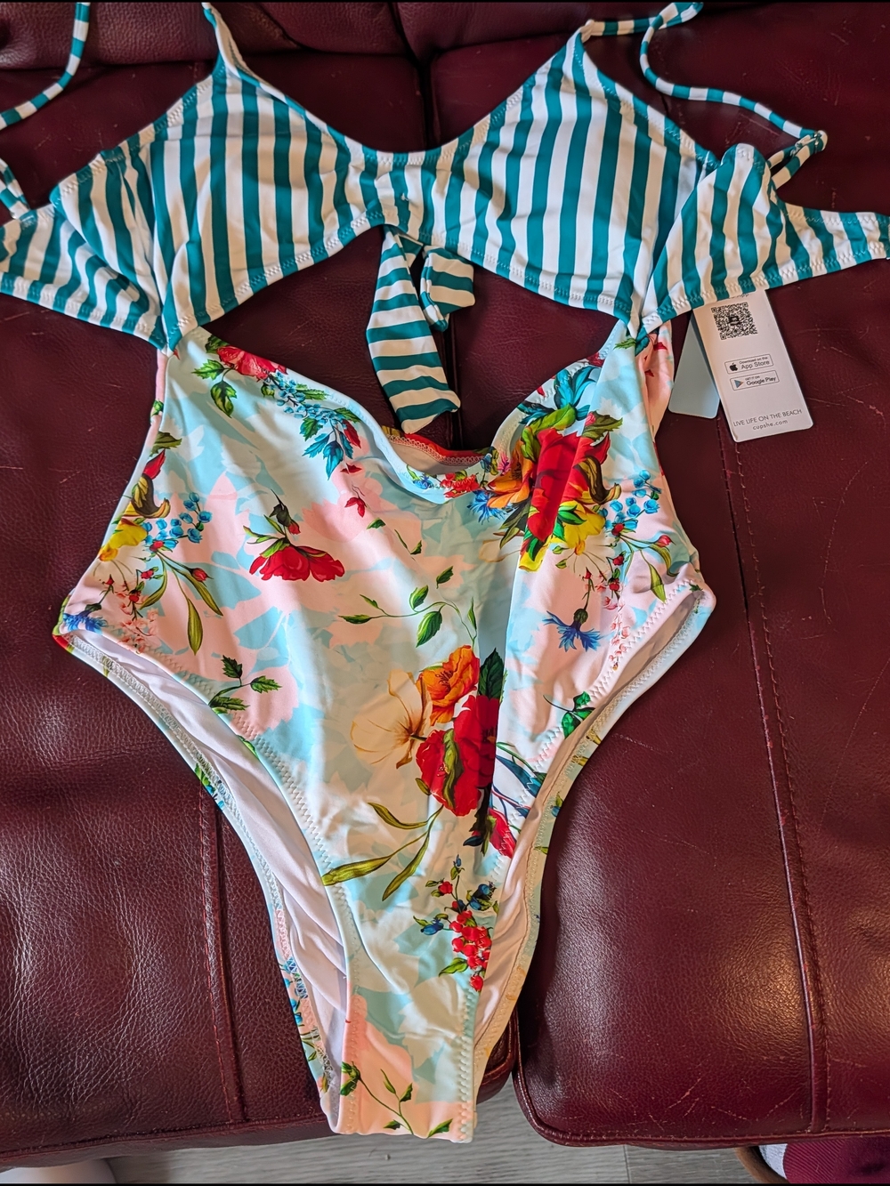 Cupshe Teal & White Striped Top with Floral One-Piece Swim
